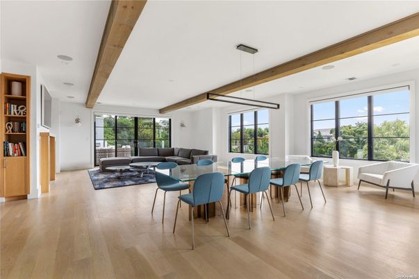 Dining room, Interior, Living room, Pendant Lights, Recessed Lighting, Wooden Beams, Wood Texture Flooring