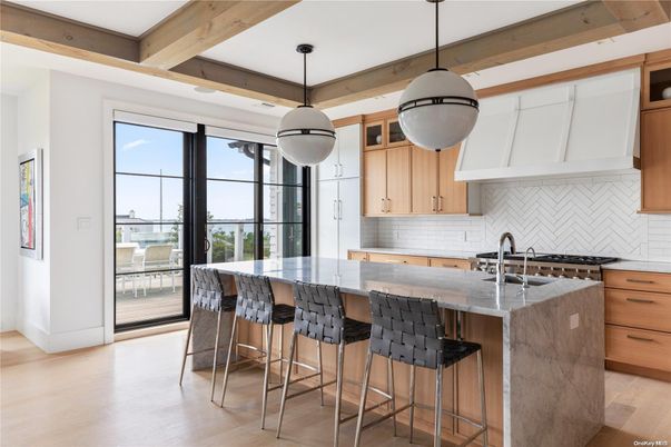 Interior, Kitchen, Pendant Lights, Stainless Steel Appliances, Wooden Beams, Wood Texture Flooring