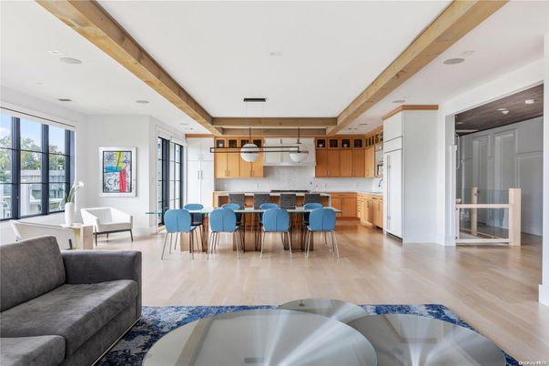 Dining room, Interior, Kitchen, Living room, Pendant Lights, Recessed Lighting, Stainless Steel Appliances, Wooden Beams, Wood Texture Flooring