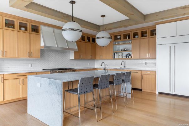 Interior, Kitchen, Pendant Lights, Stainless Steel Appliances, Wooden Beams, Wood Texture Flooring
