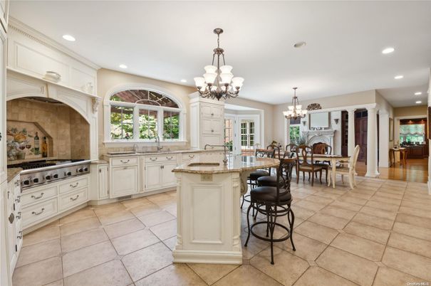 Chandelier, Dining room, Fireplace, Interior, Kitchen, Recessed Lighting
