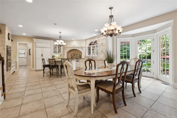 Chandelier, Dining room, Fireplace, Interior, Kitchen, Recessed Lighting