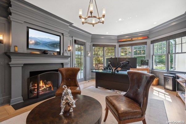 Chandelier, Fireplace, Interior, Living room, Recessed Lighting, Wood Texture Flooring