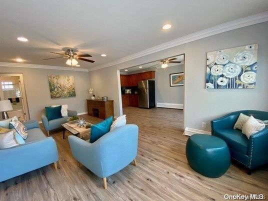 Interior, Kitchen, Living room, Recessed Lighting, Stainless Steel Appliances, Wood Texture Flooring