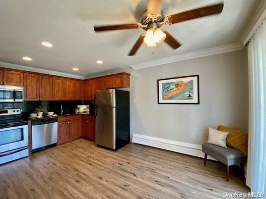 Interior, Kitchen, Recessed Lighting, Stainless Steel Appliances, Wood Texture Flooring