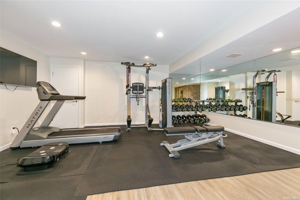 Fitness Equipment, Gym, Interior, Recessed Lighting, Wood Texture Flooring