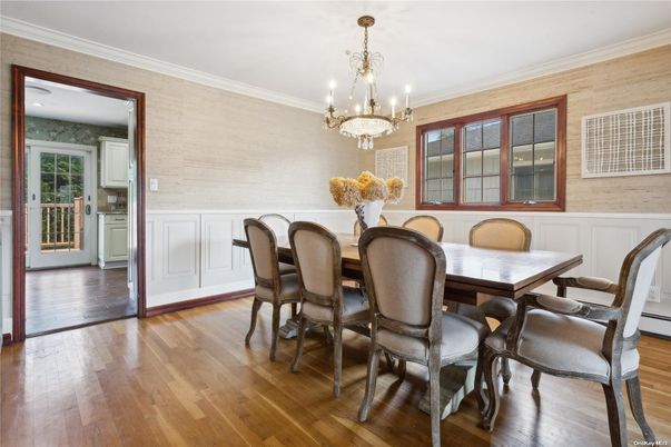 Chandelier, Dining room, Interior, Wood Texture Flooring