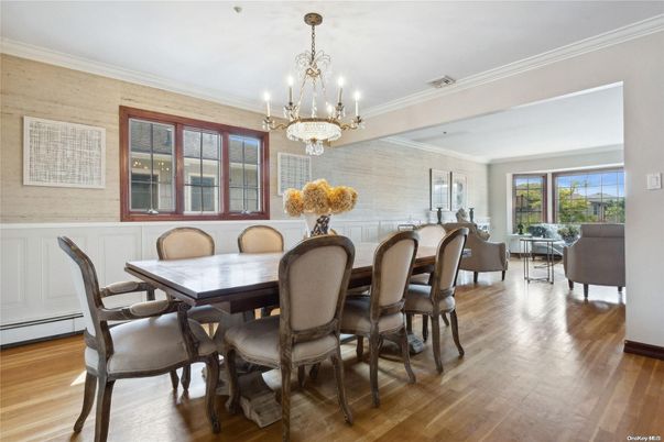 Chandelier, Dining room, Interior, Wood Texture Flooring