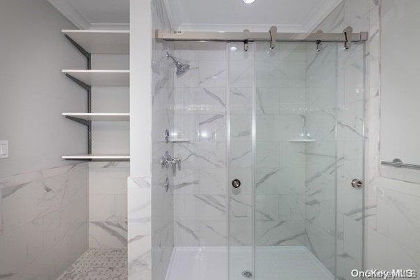 Bathroom, Glass Shower, Interior, Marble Walls, Recessed Lighting
