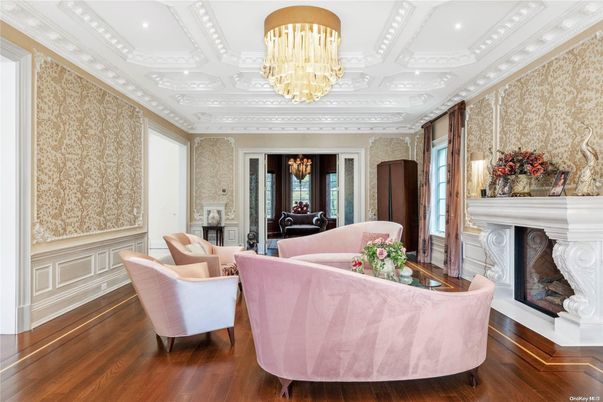 Chandelier, Fireplace, Interior, Living room, Recessed Lighting, Wood Texture Flooring
