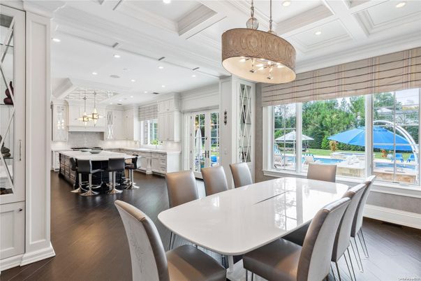 Dining room, Interior, Kitchen, Pendant Lights, Recessed Lighting, Wood Texture Flooring