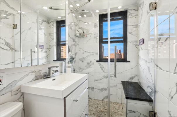Bathroom, Glass Shower, Interior, Marble Walls, Recessed Lighting