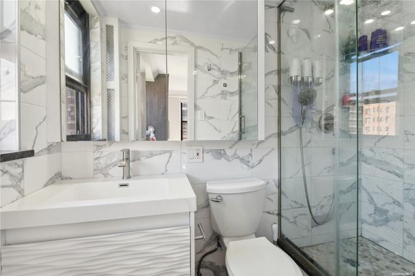 Bathroom, Glass Shower, Interior, Marble Walls, Recessed Lighting