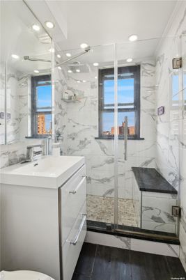 Bathroom, Glass Shower, Interior, Marble Walls, Recessed Lighting