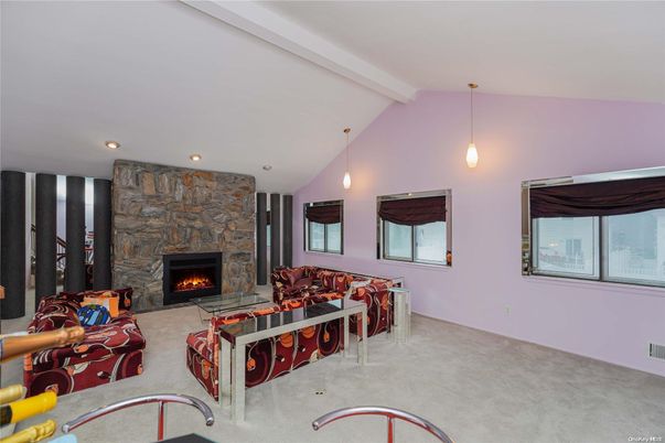 Dining room, Fireplace, Interior, Living room, Pendant Lights, Recessed Lighting, Stone Walls