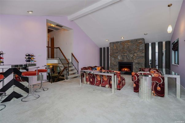 Fireplace, Interior, Living room, Pendant Lights, Recessed Lighting, Stone Walls