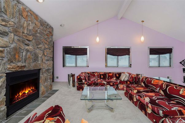Fireplace, Interior, Living room, Pendant Lights, Stone Walls
