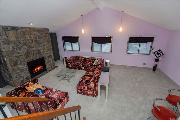 Fireplace, Interior, Living room, Pendant Lights, Stone Walls