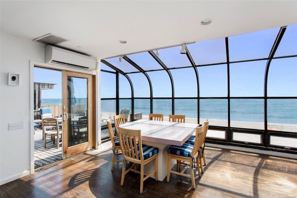 Dining room, Glass Ceilings, Interior, Recessed Lighting, Sun Room, Water, Wood Texture Flooring