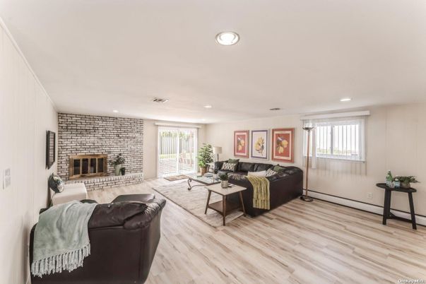 Interior, Living room, Recessed Lighting, Stone Walls, Wood Texture Flooring
