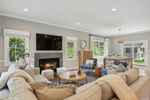Dining room, Fireplace, Interior, Living room, Pendant Lights, Recessed Lighting, Wood Texture Flooring