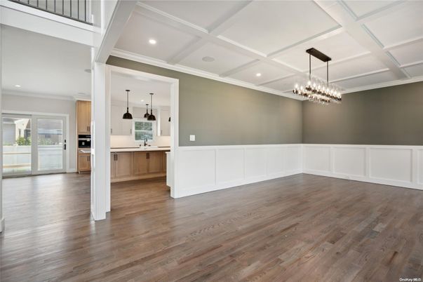 Chandelier, Empty room, Interior, Kitchen, Pendant Lights, Recessed Lighting, Wood Texture Flooring