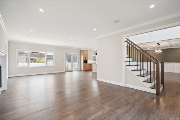 Empty room, Interior, Kitchen, Pendant Lights, Recessed Lighting, Wood Texture Flooring