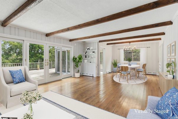 Dining room, Interior, Pendant Lights, Wooden Beams, Wood Texture Flooring