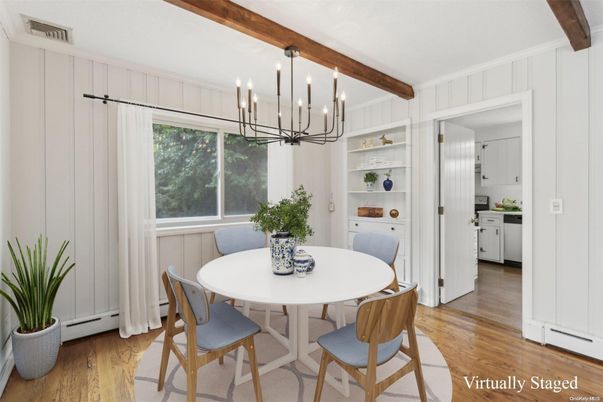 Chandelier, Dining room, Interior, Wooden Beams, Wood Texture Flooring