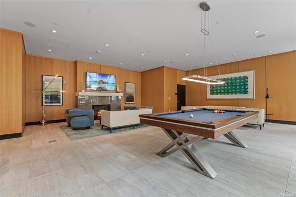 Billiard Table, Fireplace, Game Room, Interior, Living room, Pendant Lights, Recessed Lighting, Wooden Walls