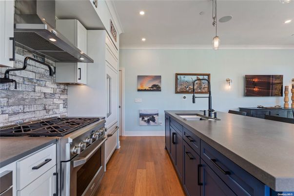 Interior, Kitchen, Pendant Lights, Recessed Lighting, Stainless Steel Appliances, Stone Walls, Wood Texture Flooring
