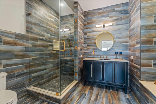 Bathroom, Glass Shower, Interior, Wood Texture Flooring, Wooden Walls