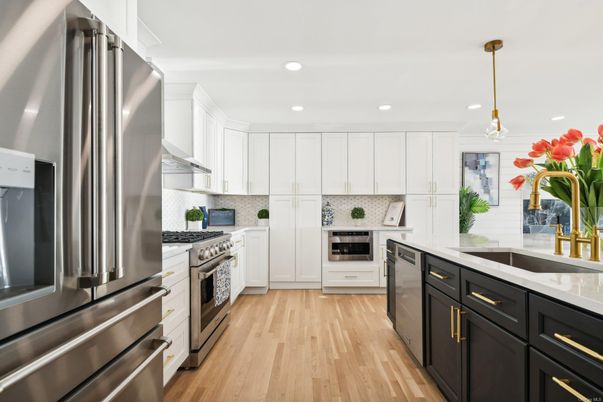 Interior, Kitchen, Pendant Lights, Recessed Lighting, Stainless Steel Appliances, Wood Texture Flooring