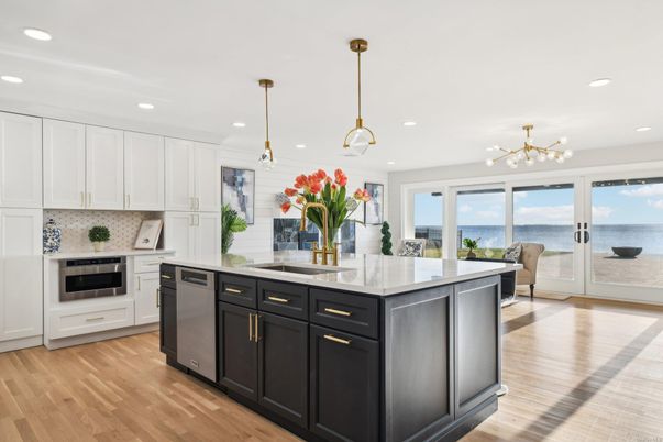 Interior, Kitchen, Pendant Lights, Recessed Lighting, Stainless Steel Appliances, Water, Wood Texture Flooring