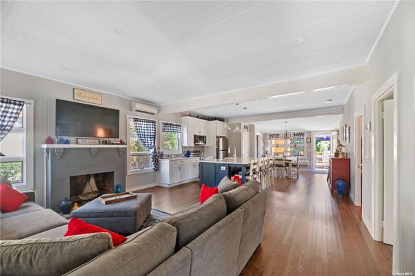 Dining room, Fireplace, Interior, Kitchen, Living room, Pendant Lights, Wood Texture Flooring