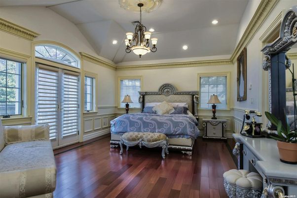 Bedroom, Chandelier, Interior, Recessed Lighting, Wood Texture Flooring