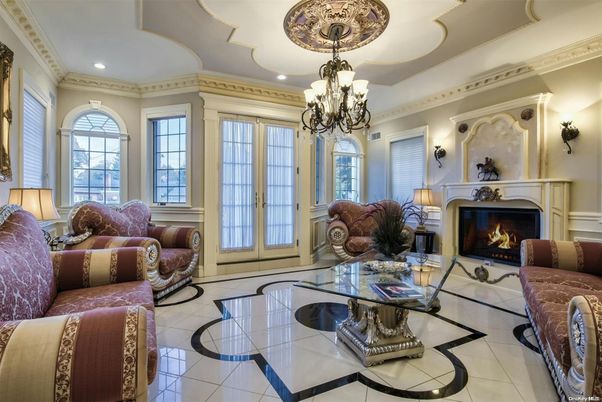 Chandelier, Fireplace, Interior, Living room, Recessed Lighting