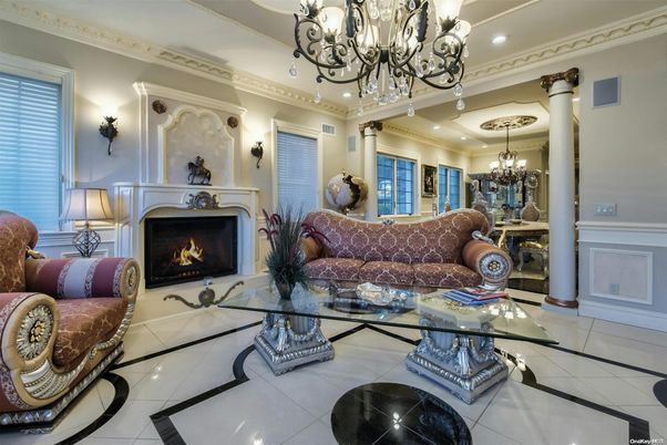 Chandelier, Fireplace, Interior, Living room, Recessed Lighting