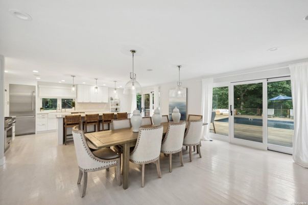 Dining room, Interior, Kitchen, Pendant Lights, Recessed Lighting, Stainless Steel Appliances, Wood Texture Flooring