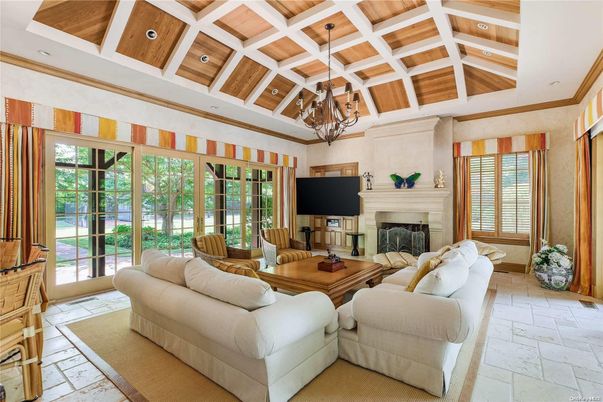 Chandelier, Fireplace, Interior, Living room, Recessed Lighting, Wooden Ceilings