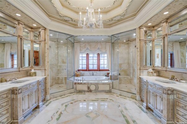 Bathroom, Chandelier, Dual Sink Vanities, Glass Shower, Interior, Marble, Recessed Lighting