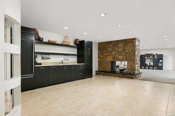 Fireplace, Interior, Recessed Lighting, Stone Walls