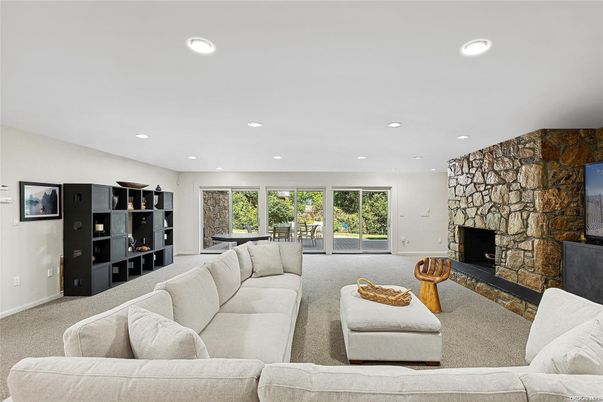 Dining room, Fireplace, Interior, Living room, Recessed Lighting, Stone Walls