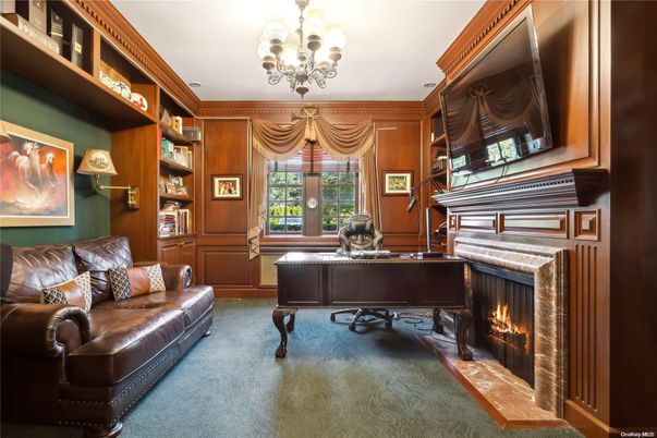Chandelier, Fireplace, Home Office, Interior, Wooden Walls