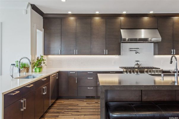 Interior, Kitchen, Recessed Lighting, Stainless Steel Appliances, Wood Texture Flooring