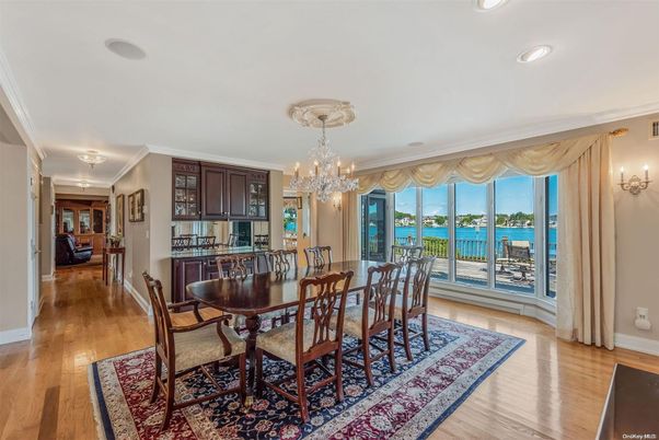 Chandelier, Dining room, Interior, Recessed Lighting, Water, Wood Texture Flooring