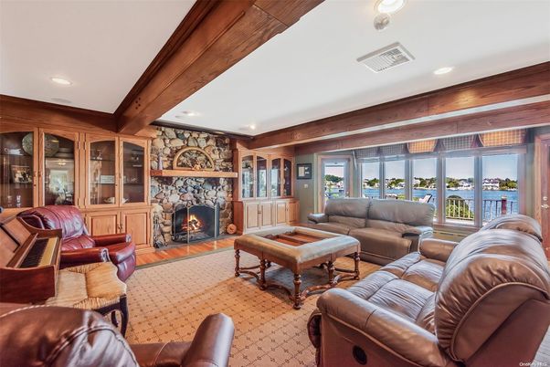 Fireplace, Interior, Living room, Recessed Lighting, Stone Walls