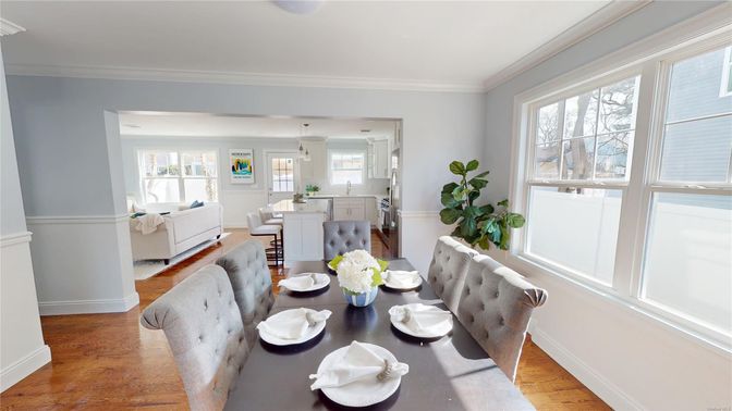 Dining room, Interior, Living room, Pendant Lights, Wood Texture Flooring