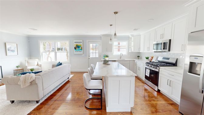 Interior, Kitchen, Living room, Pendant Lights, Recessed Lighting, Stainless Steel Appliances, Wood Texture Flooring
