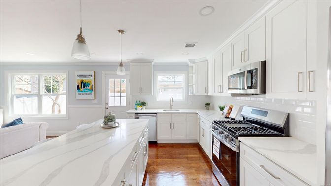 Interior, Kitchen, Pendant Lights, Recessed Lighting, Stainless Steel Appliances, Wood Texture Flooring